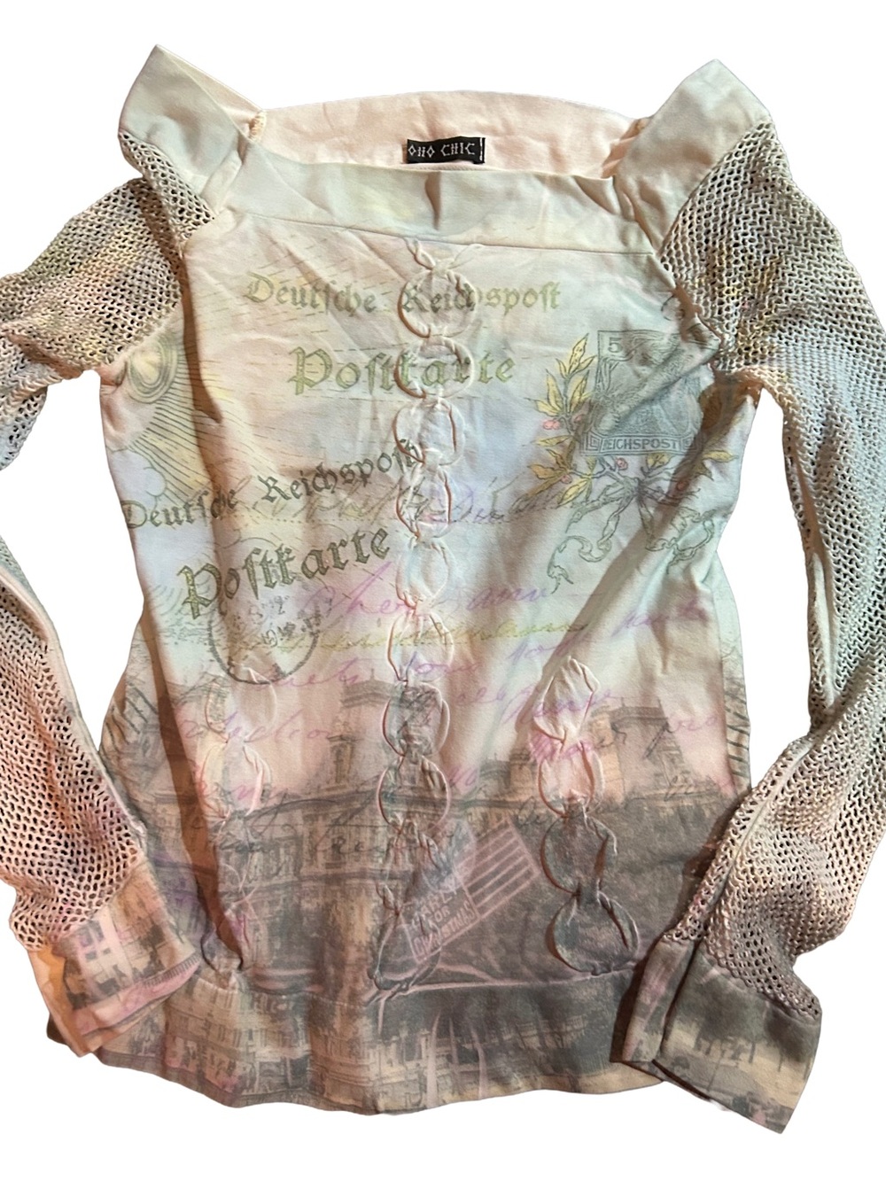 Vintage Y2K Sheer Mesh Graphic Top by Boho Chic Postcard Print Whimsigoth S